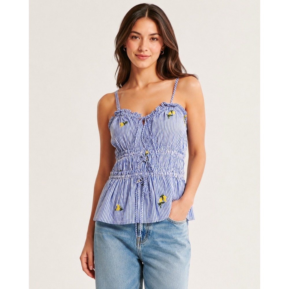 Free Assembly Blue White Stripe Embroidered Floral Cami Top Women S Boho